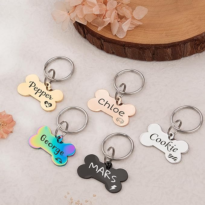 Anavia Small Size Dog Cat ID Tags, Small/XS Personalized Color Plated Stainless Steel Puppy Kitten Name Tags, Customized Engraved Nameplate Pet Collar Tag (Rose Gold, Bone)
