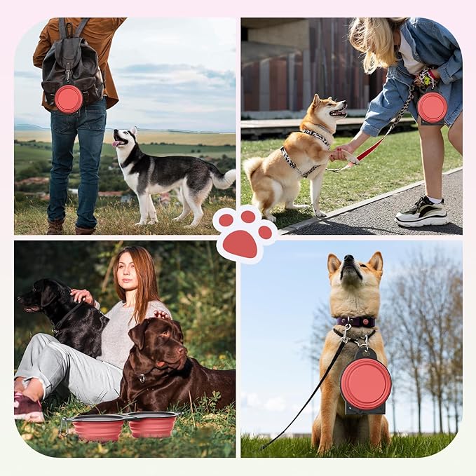 Pawaboo 2-in-1 Collapsible Dog Bowls, Dual Puppy Food and Water Bowls, 180° Flip Over Portable Silicone Dog Bowl with Metal Hook, 450ml Pet Travel Feeder Bowl for Walking Hiking Camping, Light Pink