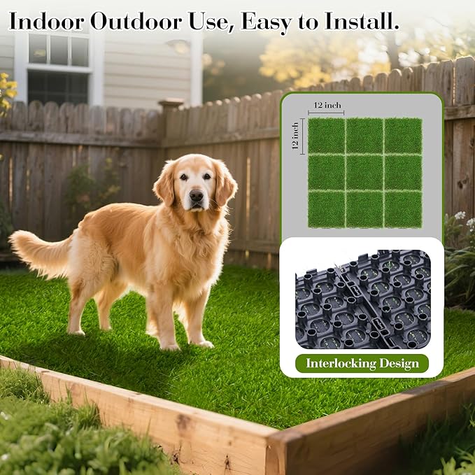 XLX TURF Interlocking Fake Grass Tiles Pad for Dogs Potty Training- 12" x 12" Pet Artificial Grass Squares with Drainage, 6 Pack