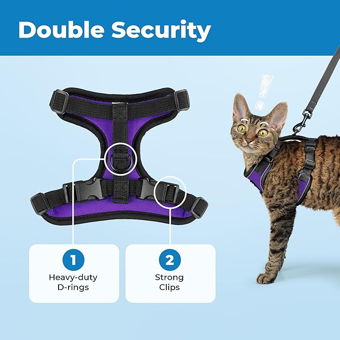 Voyager Escape-Proof Step-in Lock Cat Harness & 5ft Neoprene-Handle Leash Set All-Weather Mesh with Reflective Stitching for Small to Large Cats by Best Pet Supplies, Black Trim-Purple (327), XXS