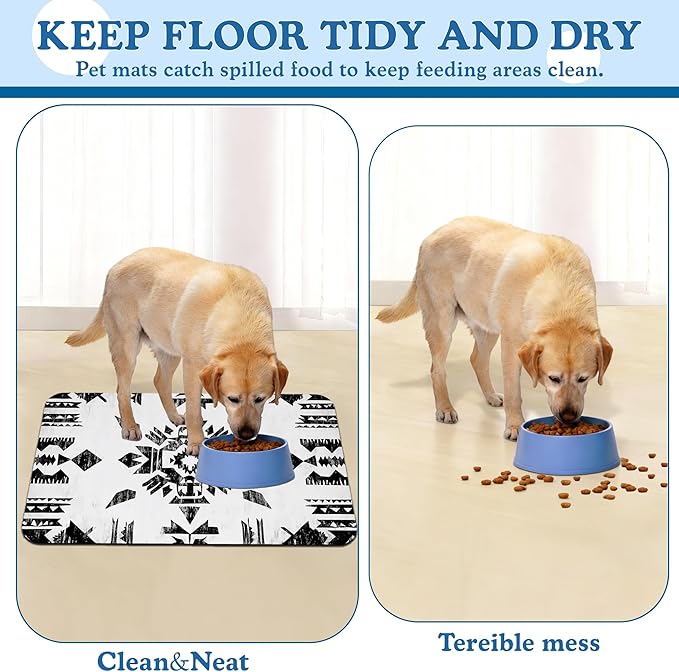 Black Boho Art Dog Food Mat–Christmas Stocking Absorbent Quick Dry Feeding Placemat for Food and Water Bowls, Non Slip Rubber Backing, Waterproof Pet Supplies for Mess-Free Eating 16"x24"
