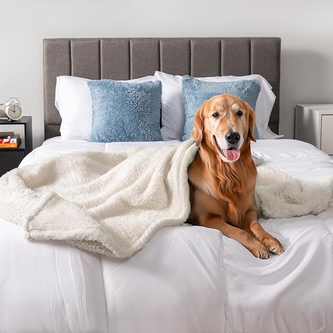 PetAmi Dog Blanket for Large Medium Dogs, Beige Fluffy Soft Sherpa Fleece for Puppy, Kitten, Doggie - Calming Pet Throw for Bed, Washable Sofa Couch Cover, Large 40x60