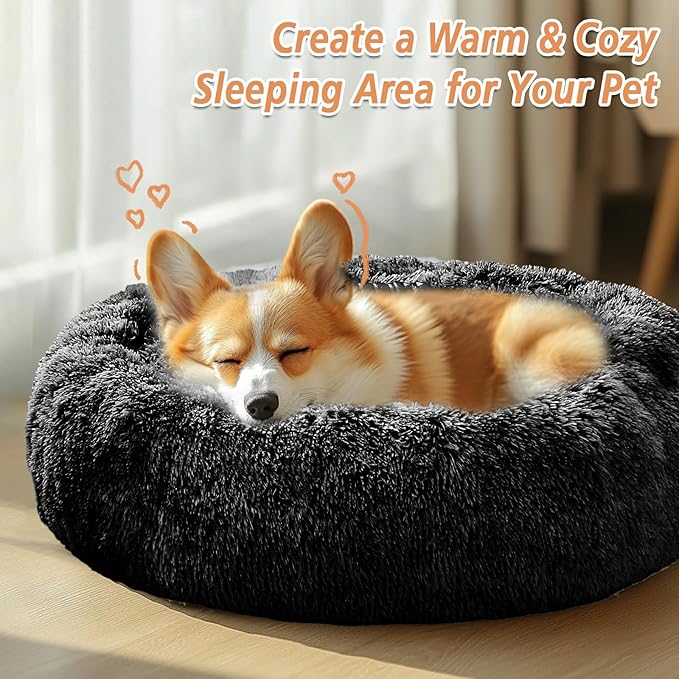 JOLLYVOGUE Calming Dog Bed Medium Size Dog, Anti-Anxiety Donut Medium Pet Bed, 31 inches Fluffy Faux Fur Round Cat Bed, Fits up to 45 lbs Pets (Black)