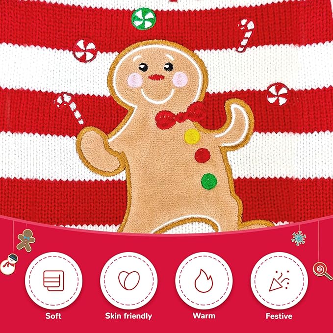 Dog Christmas Sweater Xmas Pet Clothes Cute Striped Gingerbread Man Costume Holiday Puppy Cat Jumpers Outfits New Year Gifts for Small Medium Large Dogs(Red Gingerbread Man,S)