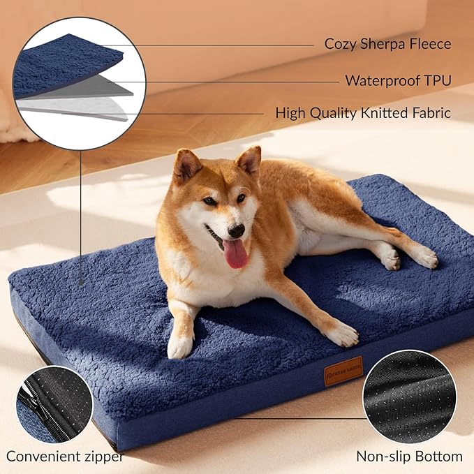 Patas Lague Orthopedic XL Dog Bed Large Sized Dog 42''X28'', Soft Waterproof Egg Crate Foam Large Pet Crate Beds Mat with Removable Washable Cover and Non-Slip Bottom, Navy Blue