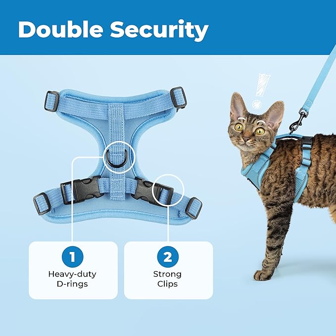 Voyager Escape-Proof Step-in Lock Cat Harness & 5ft Neoprene-Handle Leash Set All-Weather Mesh with Reflective Stitching for Small to Large Cats by Best Pet Supplies, Baby Blue (327), XS