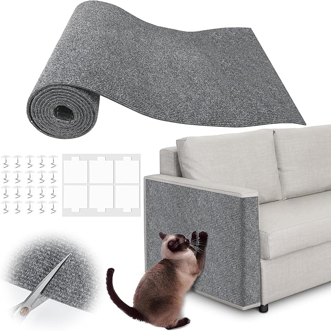 Cat Scratch Furniture Protector - 100" x 17" Trimmable Self-Adhesive Cats Claws Scratch Pads, DIY Cat Climbing Couch Protector for Scratch Post Cat Tree Replacement Indoor (Light Gray)