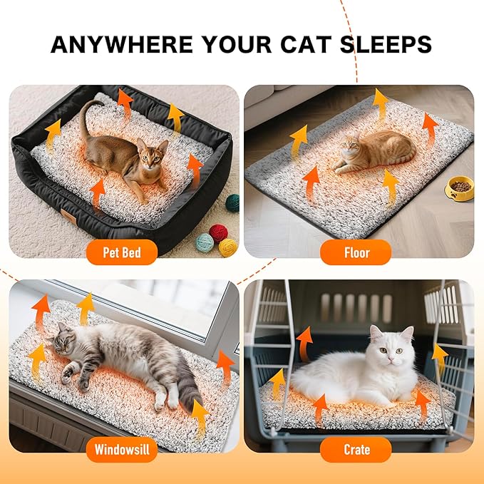 Self Warming Pet Bed for Cats & Dogs, Heated Pet Mat, 2.0 Upgraded Thermal Foil Heating Pad, Plush Self-Heating Bed for Crate, Floor, with Removable Washable Cover, Non-Slip, Gray, 18"x27"