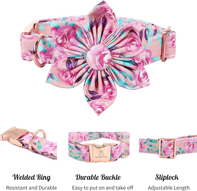 Lionheart Glory Dog Collar, Pink Dog Collar with Flower, Cute Floral Pattern Pet Collar Adjustable Dog Collar for X-Large Dogs
