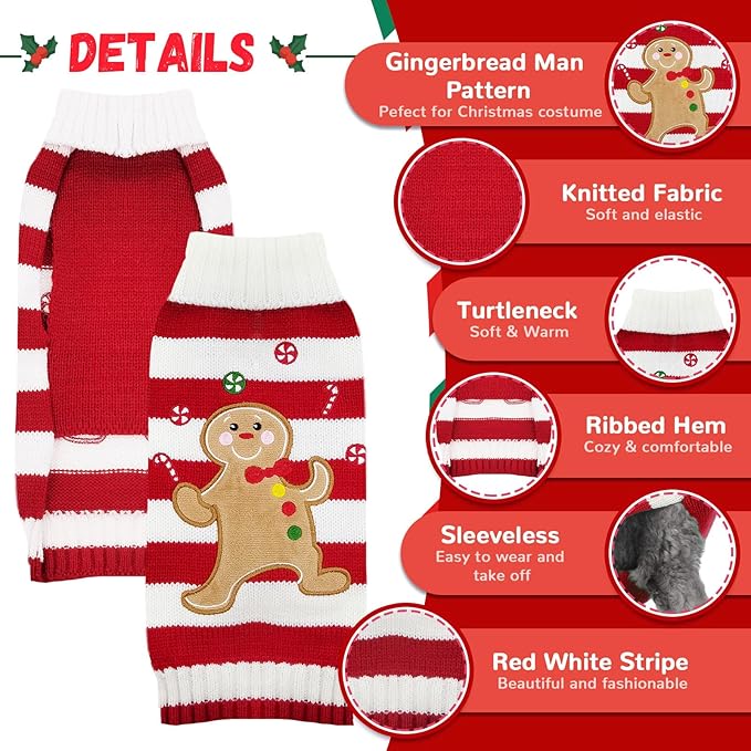 Dog Christmas Sweater Xmas Pet Clothes Cute Striped Gingerbread Man Costume Holiday Puppy Cat Jumpers Outfits New Year Gifts for Small Medium Large Dogs(Red Gingerbread Man,S)