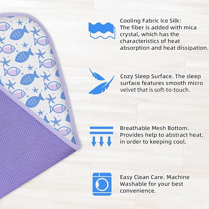 NWK Pet Cooling Mat - Ice Silk Cooling Mat for Dogs & Cats Portable & Washable Pet Cooling Blanket, Car Seats, Beds for Summer (1, Purple Fish, 16’’ X 20’’ X 0.3)