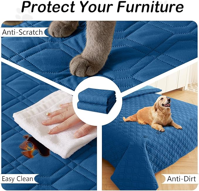 hyha Waterproof Dog Bed Blanket, Soft Pet Blankets, Waterproof Couch Cover for Dogs, Reversible Sofa Covers Washable for Furniture (82x102 Inch, Navy Blue/Blue)