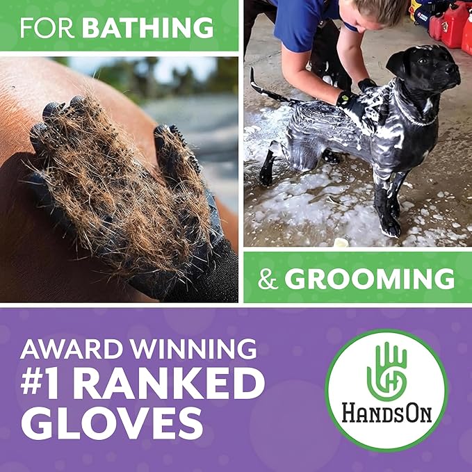 H HANDSON Pet Grooming Gloves - Patented #1 Ranked, Award Winning Shedding, Bathing, & Hair Remover Gloves - Gentle Brush for Cats, Dogs, and Horses (Purple, Medium)