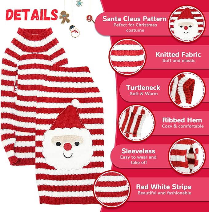 Dog Christmas Sweater Xmas Pet Clothes Cute Striped Santa Claus Costume Holiday Puppy Cat Jumpers Outfits New Year Gifts for Small Medium Large Dogs (S, Red White Stripe Santa Claus)