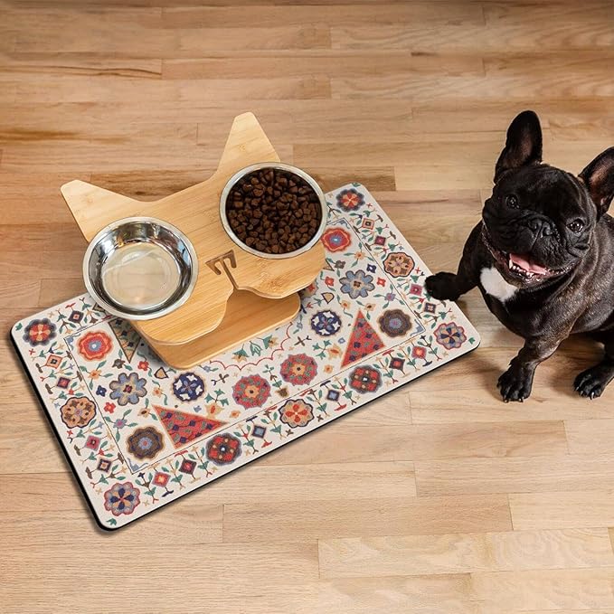 Moroccan Trellis Dog Food & Water Mat, Boho Colorful Vintage Pet Feeding Mat for Floor Non-Slip Waterproof, Super Absorbent Cat Bowl Mat, Easy to Clean Durable Pet Placemat,12" × 20"