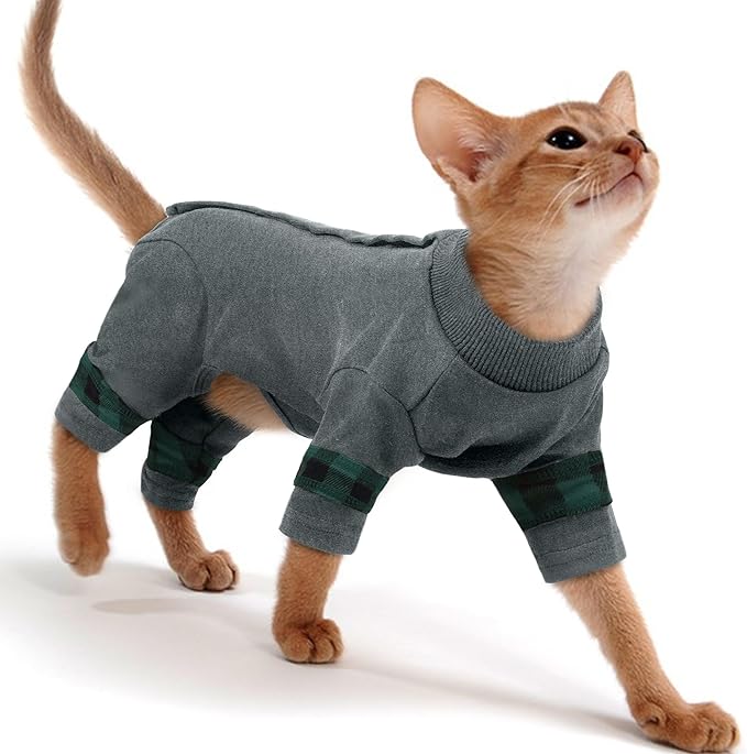PUMYPOREITY Comfy Cat Pajamas, Versatile Cat Shirt for All-Day Wear, Soft Stretchy Sweater with Back Snap for Easy Wear, Breathable Recovery Suit for Surgery Recovery, L, Grey