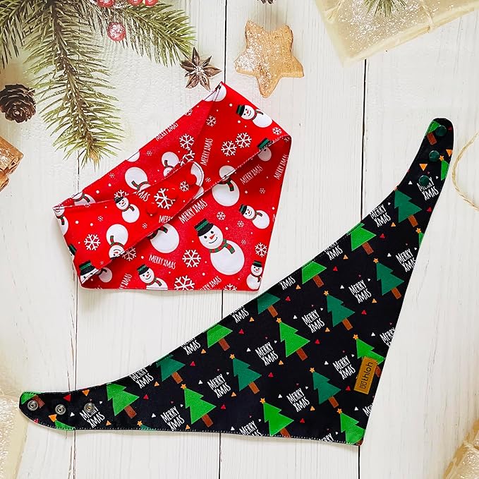 Christmas Dog Bandanas with Snap Button - 2 Pack Reversible Santa Claus Dog Scarf for Boy & Girl, Dog, Christmas Tree Holiday Bandana for Small Dogs (Small)