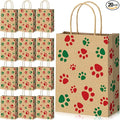 Blulu 20 Pcs Puppy Dog Paw Gift Bags with Paper Twist Handles, Dog Gift Paper Paw Treat Goodie Bags for PET Treat Party Favor, 6.3 x 3.1 x 8.6 Inch (Kraft Backing, Red Green Paws)