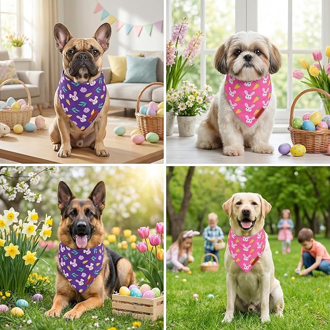 ADOGGYGO Easter Dog Bandana 2 Pack, Bunny Carrot Print Triangle Pet Scarf, Premium Fabric, Reversible Purple Pink Easter Bandana for Small Dogs (Small)
