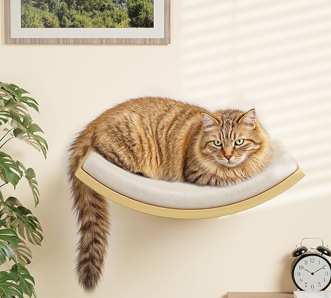 Cat Wall Shelves with Cats Window Perch – 4-Piece Wooden Cat Climbing Furniture Set with Soft Foam Curved Bed, Flat Shelf & 2 Wall 4-Steps Ladders