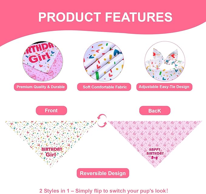 Dog Birthday Bandana Girl for Medium Large Dogs, Reversible 2 Patterns in 1, White & Pink Confetti Scarf, Puppy Party Outfit Gift (14-18" Neck)