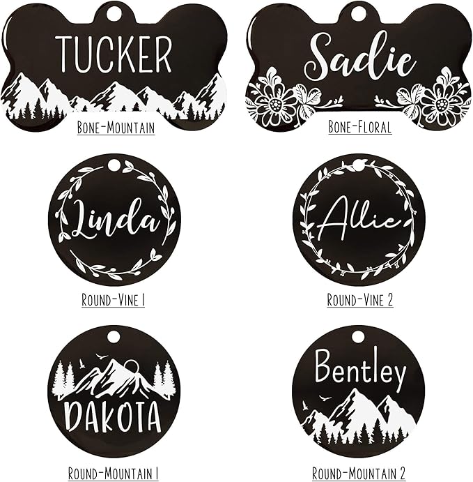 UltraJoys Stainless Steel Pet ID Tag Dog Name Tags Personalized Front and Back Engraving,Customized Dog Tags and Cat Tags,Optional Engraved on Both Sides,Bone Tag with Floral Design,Small,Black
