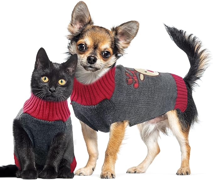 Dog Christmas Sweater Xmas Pet Clothes Cute Gray Reindeer Holiday Puppy Cat Costume New Year Gifts for Small Medium Large Dogs Jumpers (L, Gray Reindeer)