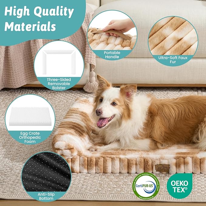 Cute Dog Bed for Small Dogs, Faux Rabbit Fur Orthopedic Foam Dog Bed with Sides, Removable Washable Cover & Waterproof Lining, Comfortable Pet Couch, Tie-Dye Brown (30" L x 20" W x 6" Th)