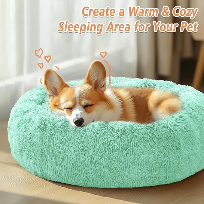 JOLLYVOGUE Calming Dog Bed Large Size Dog, Anti-Anxiety Donut Large Pet Bed, 36 inches Fluffy Faux Fur Round Cat Bed, Fits up to 75 lbs Pets (Mint Green)