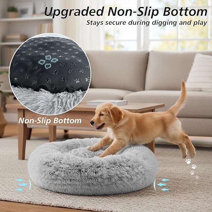 JOLLYVOGUE Calming Dog Bed Medium Size Dog, Anti-Anxiety Donut Medium Pet Bed, 27 inches Fluffy Faux Fur Round Cat Bed (Smoke Grey)