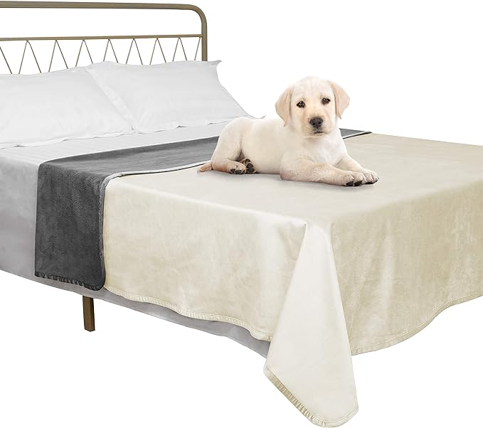Ameritex Pet Bed Blanket Reversible 100% Waterproof Velvet Super Soft for Sofa and Bed (52x82 Inches, Cream+Grey)