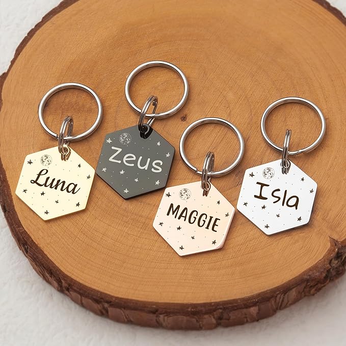 Anavia Small Size Dog Cat ID Tags, Small/XS Personalized Color Plated Stainless Steel Puppy Kitten Name Tags, Customized Engraved Nameplate Pet Collar Tag (Purple, Hexagon)