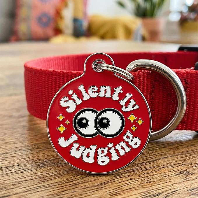 Bad Tags Personalized Dog and Cat ID Tags in 25+ Designs and 2 Sizes - 5 Lines of Custom Engraved Text - Funny Cute Personalized Pet Tags (Silently Judging - Red, Small (1 inch))