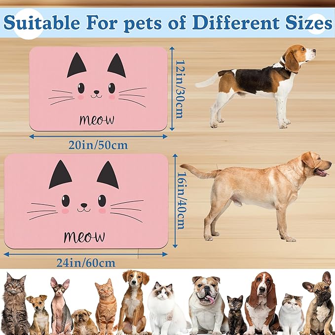 Pink Cat Meow Dog Food Mat–Christmas Stocking Absorbent Quick Dry Feeding Placemat for Food and Water Bowls, Non Slip Rubber Backing, Waterproof Pet Supplies for Mess-Free Eating 16"x24"