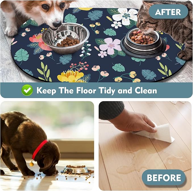 Large Absorbent Dog Mat for Food and Water 28''x17'', Easy Clean Cat Dog Water Bowl Mat, Non-Slip Pet Water Mat Protect Floor, Fit with Automatic Feeders and Double-Bowl, Dakr Blue Floral