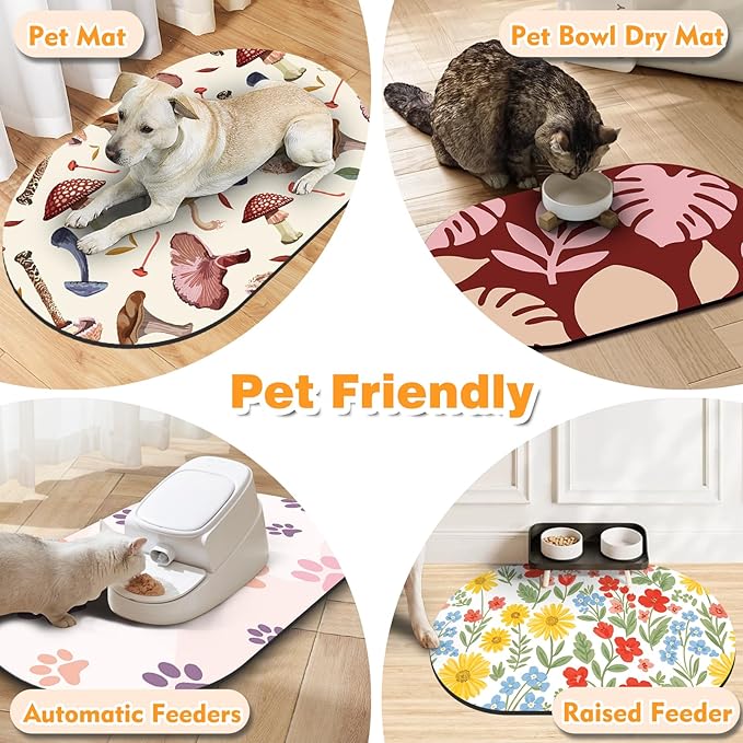 24''x16'' Absorbent Dog Food Mat, No Stains Quick Dry Pet Water Mat Protect Floor, Cat Dog Water Bowl Mat for Messy Drinkers, Non-Slip Rubber Base Pet Placemats for Food and Water, Mushroom