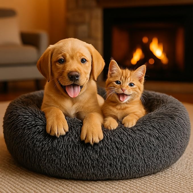 Calming Dog Bed - Fluffy Donut Cuddler for Anxiety Relief, Orthopedic Pet Bed with Non-Slip Bottom, Cozy Round Faux Fur Nest for Dogs and Cats, Plush Crate Mat for Comfort (Dark Grey, Small)