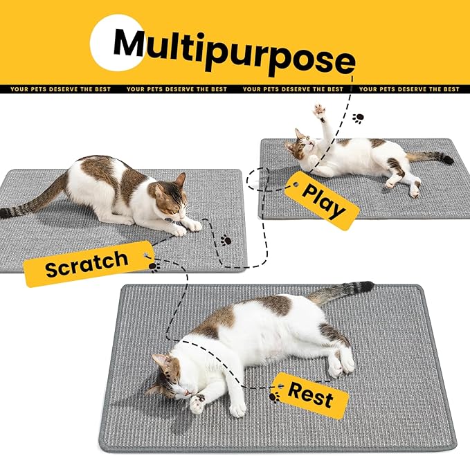 Cat Scratcher Mat,Natural Sisal Cat Scratch Pad with Hook&Loop Tape,Horizontal Floor Kitty Scratching Pads Rug for Indoor,Pet Furniture Protector for Couch&Carpets&Sofas, Large, Grey
