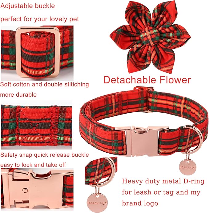 Christmas Dog Collar with Flower, Cotton Christmas Plaid Collar for Medium Girl Boy Dog,Red &Green Plaid Dog Collar Bowtie with Durable Metal Buckle,Adorable Pet Collar, XS, Neck 8-12in