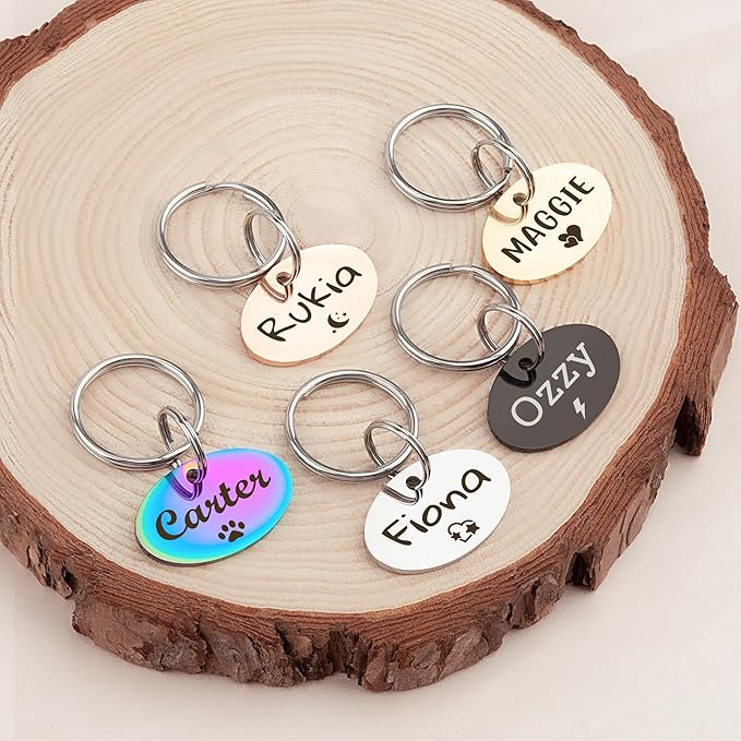 Anavia Small Size Dog Cat ID Tags, Small/XS Personalized Color Plated Stainless Steel Puppy Kitten Name Tags, Customized Engraved Nameplate Pet Collar Tag (Silver, Oval)