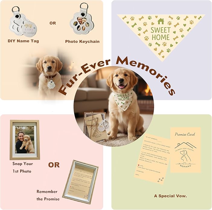 Sweet Home Pet Welcome Gift Box for New Dog Owners, Keepsake Set with Bandana, Paw Print Name Tag, Promise Card & Photo Frame, Thoughtful Gift for Puppy Adoption