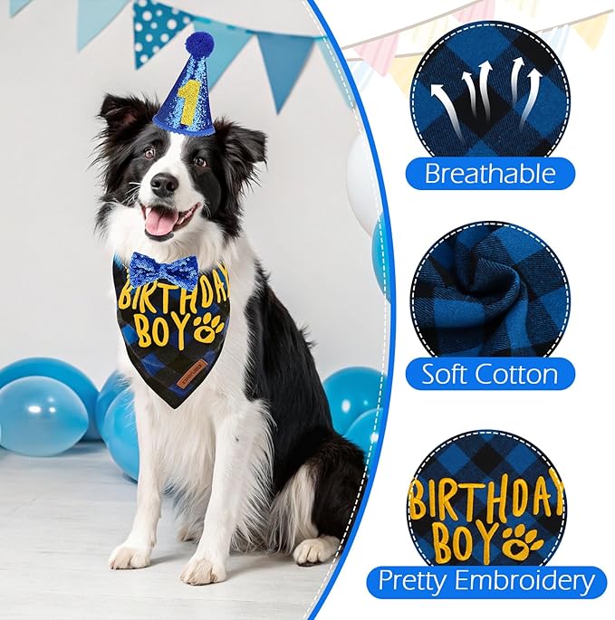 EXPAWLORER Dog Birthday Party Supplies - Dog Birthday Bandana Scarf and Party Hat with Numbers Boy Girl Pet Bow Tie, Cute Outfit for Small Medium Large Dogs (Small)
