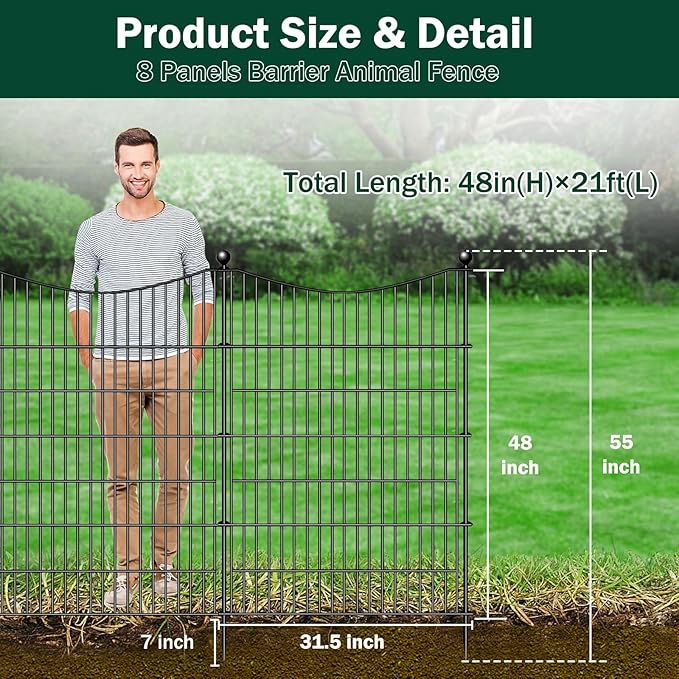 8 Panels No Dig Dog Fence Outdoor for Yard, 48 in(H) X 21 ft(L) Decorative Tall Garden Fence Animal Barrier, Rustproof Metal Wire Garden Edging and Borders, Temporary Fencing Stakes