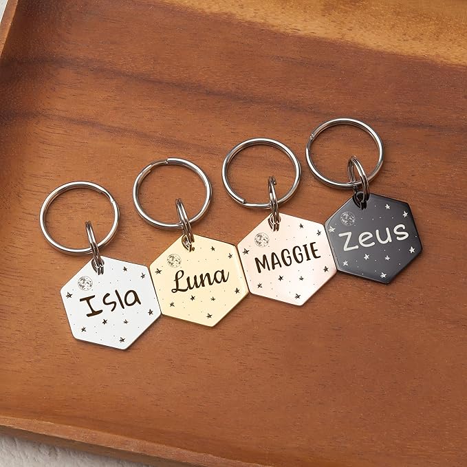 Anavia Small Size Dog Cat ID Tags, Small/XS Personalized Color Plated Stainless Steel Puppy Kitten Name Tags, Customized Engraved Nameplate Pet Collar Tag (Gold, Hexagon)