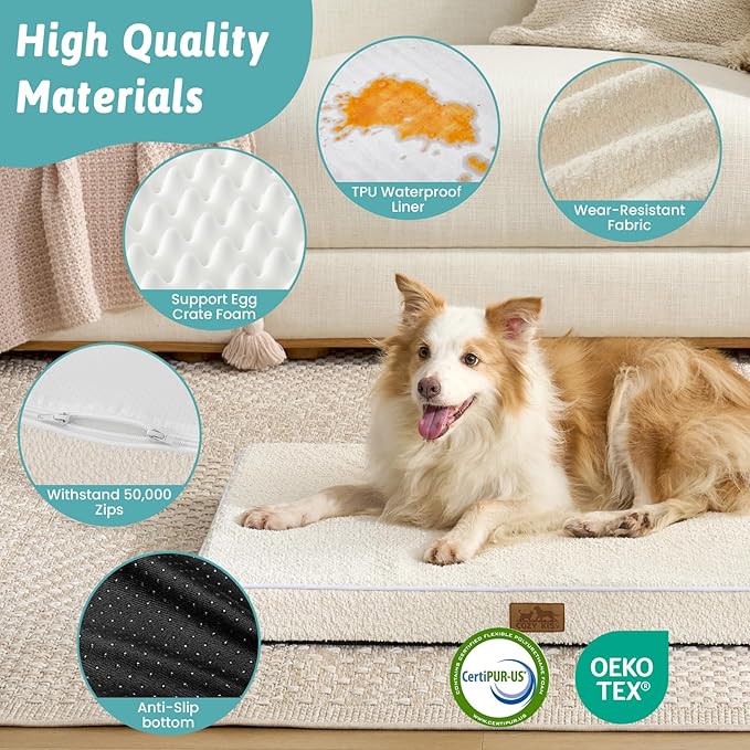 Big Dog Bed for Giant Dogs, Rectangular XXL Orthopedic Dog Beds Extra Large, Foam Anti-Slip Bottom Pet Mat with Washable Removable Cover, Suitable for Pet Up to 150 lbs, 54x44x4 inch, Beige