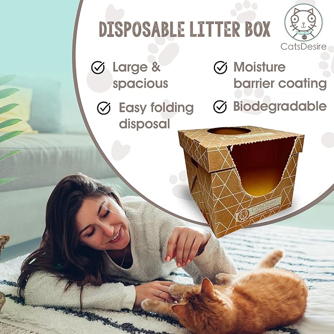 Cats Desire Litter Box - Disposable Litter Boxes for Cats (3 pcs) - Top/Low Entry & Enclosed Box - Teal on Natural Brown, Partially Recycled Cardboard, 17" L x 17" W x 15.25" H