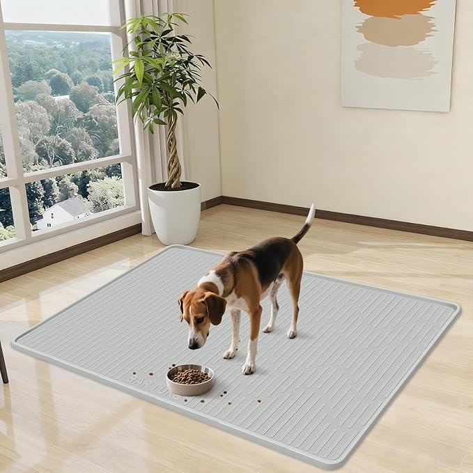 Silicone Cat & Dog Food Mat, 54" x 27.5" Extra Large Pet Feeding Mat for Cats and Dogs Bowl, Pet Placemat for Food and Water with Raised Edge, Waterproof, Leakproof (Grey)
