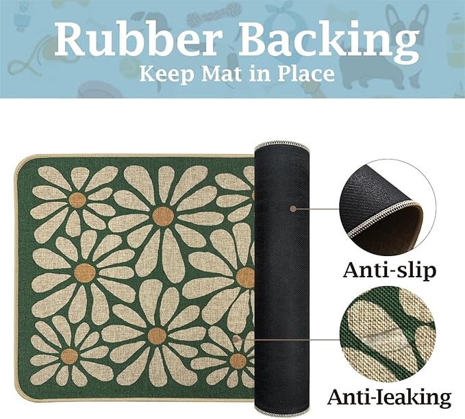 SHIYUE Dog Food Mats for Floors, Absorbent Cat Bowl for Food and Water, Non-Slip Accessories Pet Supplies(17"x30",Forest Green Flower)
