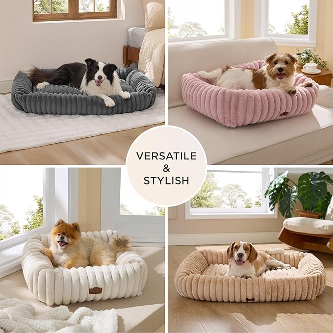 Bedsure ComfyFleece™ Cute Dog Beds Large Sized Dog - Washable Furry Pet Beds, Rectangle Orthopedic Corduroy Fleece Puppy Beds with Removable Zipper Cover, 30x24x8 inches,Night Blue