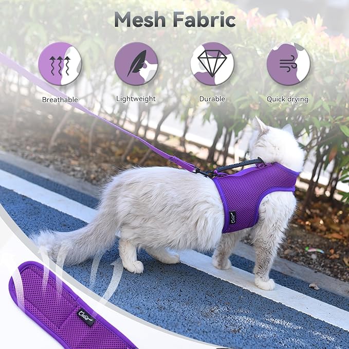 Kitty Harness and Leash for Walking Escape Proof Breathable Mesh Fabric, Purple, X-Small, Adjustable Cat Walking Jackets with Handle, Padded Stylish Cat Vest